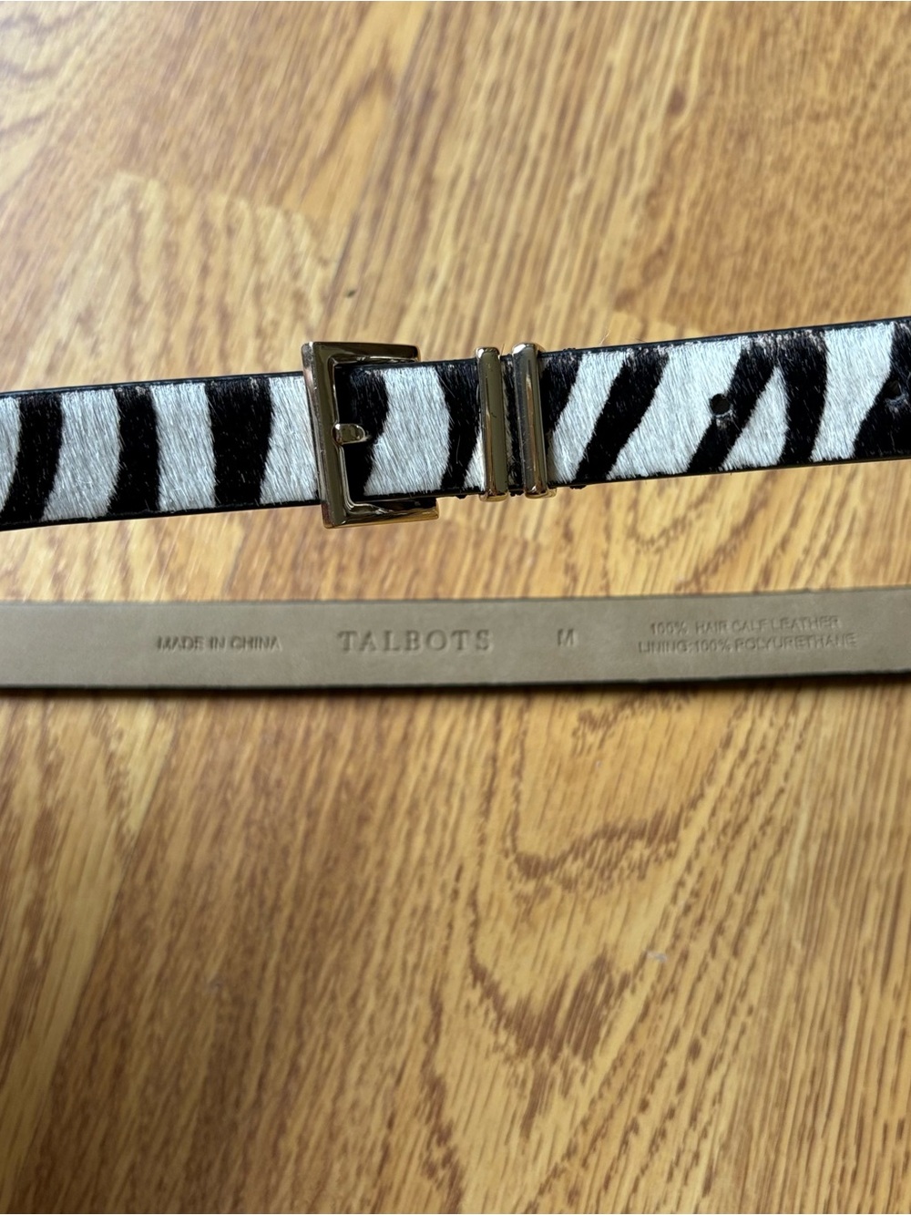 Talbots Zebra Print Skinny Leather Belt Gold Buckle Calf Hair Leather Sz M - Picture 2 of 10